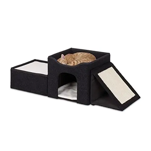 Produktbild: Relaxdays Katzenhöhle, faltbar, 3 Liegeplätze, Katzenhaus mit Kratzfläche, HBT: 36,5x112x41 cm, Katzenversteck, schwarz