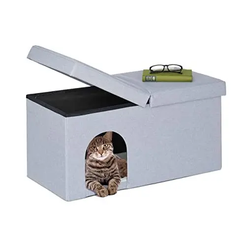 Produktbild: Relaxdays Katzenhöhle faltbar, belastbare Sitzbank, Katzenmöbel Indoor, Tierversteck, HBT: 38,5 x 74,5 x 37 cm, grau