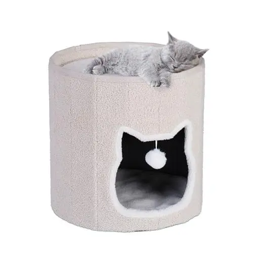Produktbild: Relaxdays Katzenhöhle mit Kissen, Spielzeug, faltbares Katzenhaus, Katzenversteck, Tierhaus, H x D: 40 x 39 cm, beige