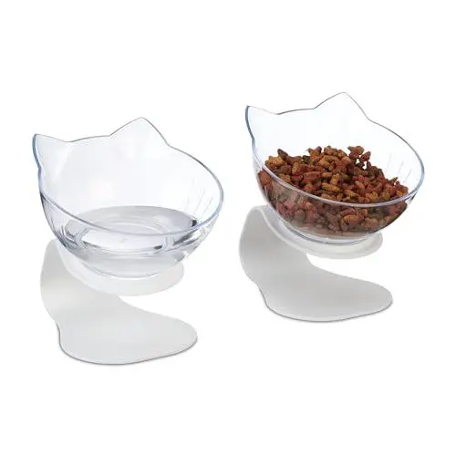 Produktbild: Relaxdays Katzennapf erhöht, 2er Set, Futternapf, 500ml, HxBxT: 15x13x15 cm, Fressnapfset, Wassernapf, weiß/transparent