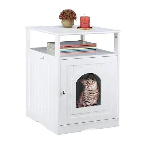 Produktbild: Relaxdays Katzenschrank, großer Eingang, mit Ablage, Rückseite mit Luftlöchern, HBT 64 x 48 x 53 cm, Katzenkommode, weiß