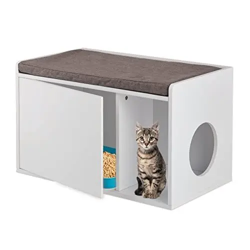 Produktbild: Relaxdays Katzenschrank mit Sitzauflage, 2in1 Katzenkommode & Sitzbank, HBT: 45,5 x 75 x 43 cm, für Katzenklo, weiß/grau