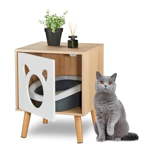 Produktbild: Relaxdays Katzenschrank mit Tür, HxBxT: 50x40x40 cm, Katzenklo verstecken, Schlafplatz, Katzenkommode Indoor, Natur/weiß
