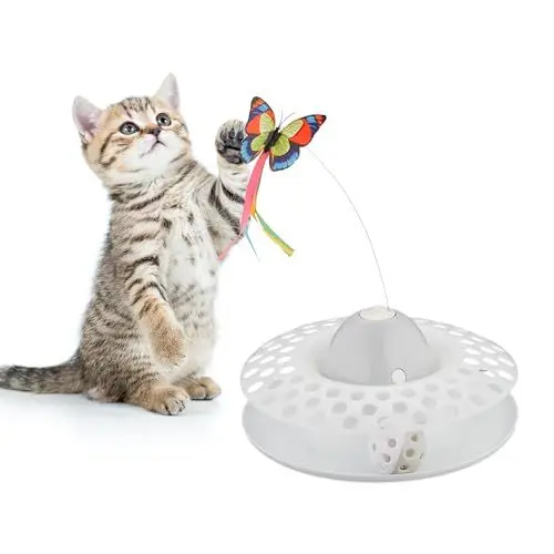 Produktbild: Relaxdays Katzenspielzeug Schmetterling und Ball, HxD: 33,5x22 cm, interaktives Katzenkarussel, Katzenrondell 360°, weiß