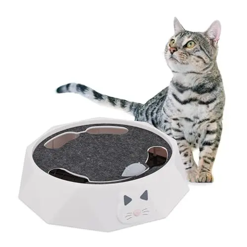 Produktbild: Relaxdays Katzenspielzeug mit Maus, HBT: 7, 5x25,5 cm, interaktive Katzenspiele, Katzenrondell elektrisch, weiß/grau