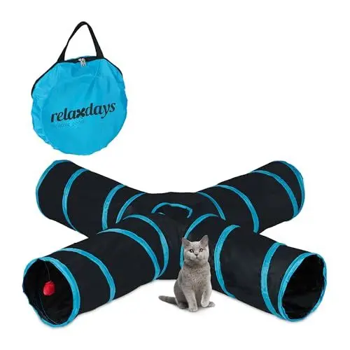 Produktbild: Relaxdays Katzentunnel faltbar, 4 Wege, Spielzeug, interaktive Katzenröhre, HBT: ca. 25x130x125 cm, Tunnel, schwarz/blau