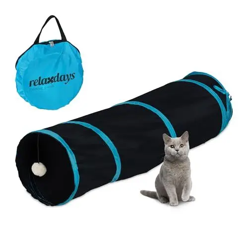 Produktbild: Relaxdays Katzentunnel faltbar, Katzenröhre mit Spielzeug, interaktiver Katzen Spieltunnel, BxD: ca. 90 x 25 cm, Schwarz