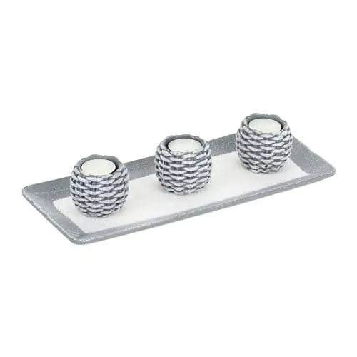Produktbild: Relaxdays Kerzen, Set mit Dekotablett, 3 Teelichthaltern & Sand, Tischdeko Wohnzimmer, Deko-Teelichter, grau/weiß
