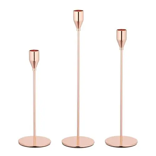 Produktbild: Relaxdays Kerzenständer 3er Set, Metall, Moderne Kerzenhalter für Stabkerzen, versch. Größen, Stabkerzenhalter, roségold