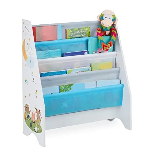 Produktbild: Relaxdays Kinder Bücherregal, 4 Hängefacher, Lagerfeuer Kindermotiv, Bücheraufbewahrung, HBT: 71x62x29 cm, mehrfarbig