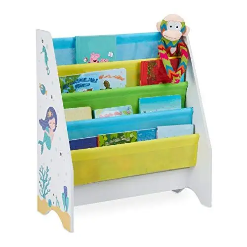 Produktbild: Relaxdays Kinder Bücherregal, 4 Hängefacher, Meerjungfrau Kindermotiv, HBT: 71x62x29 cm, Bücheraufbewahrung, Mehrfarbig