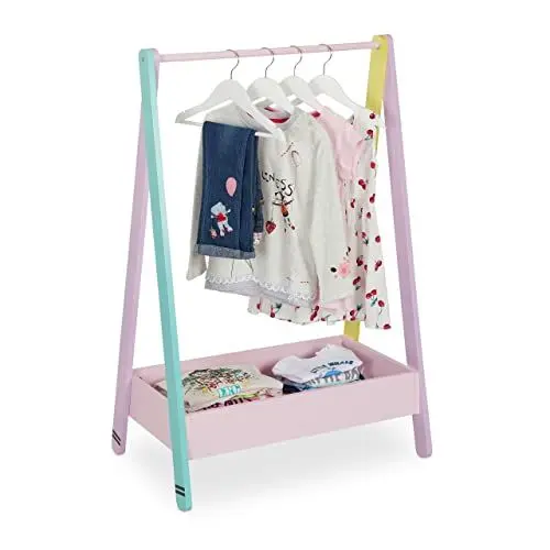 Produktbild: Relaxdays, bunt Kinder Kleiderständer, Kleiderstange für Kinderzimmer, mit Ablage, HBT: 99x64,5x42 cm, Kindergarderobe, Holz