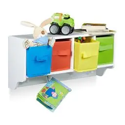 Produktbild: Relaxdays Kinder Wandregal ALBUS, Wandgarderobe mit 4 Kleiderhaken, Kinderregal mit 4 bunte Faltboxen, HBT: ca. 28 x 61 x 16 cm, weiß