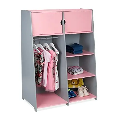 Produktbild: Relaxdays Kindergarderobe, HxBxT: 120 x 90 x 48 cm, Kleiderstange, 5 Fächer, Kleiderschrank Kinderzimmer, MDF, rosa/grau