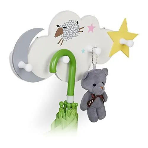 Produktbild: Relaxdays Kindergarderobe Wolke, Wandhakenleiste, HBT: 16,5 x 34,5 x 5 cm, MDF, Kindergarderobenhaken, Nachthimmel, weiß