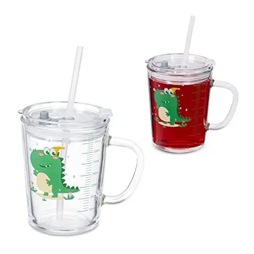 Produktbild: Relaxdays Kindergläser 2er Set, Dino-Motiv, Trinkglas Kinder, mit Henkel, Deckel & Strohhalm, 400 ml Skala, transparent