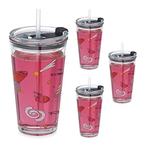 Produktbild: Relaxdays Kindergläser 4er Set, Weltraum-Motiv, Trinkglas für Kinder, Deckel & Strohhalm, Volumen 450 ml, transparent