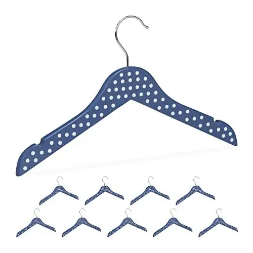 Produktbild: Relaxdays Kinderkleiderbügel, 10er Set, Holzbügel für Mädchen & Jungen, eingekerbte Schultern, blau mit weißen Punkten