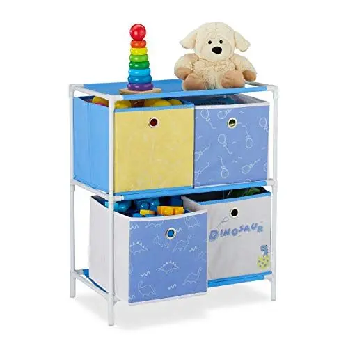 Produktbild: Relaxdays Kinderregal, 4 Boxen, Jungen & Mädchen, Dino-Design, Regal Kinderzimmer, Spielzeug, HBT 62 x 53 x 30 cm, bunt