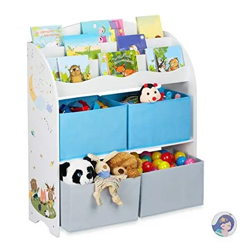 Produktbild: Relaxdays Kinderregal, 4 Boxen, Lagerfeuer Motiv, Spielzeug Aufbewahrung, Kinderzimmer Regal HBT 98 x 82,5 x 30 cm, bunt, 1 Stück