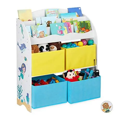 Produktbild: Relaxdays Kinderregal, 4 Boxen, Meerjungfrau Motiv, Spielzeug Aufbewahrung, Kinderzimmer HxBxT 98 x 82,5 x 30 cm, bunt