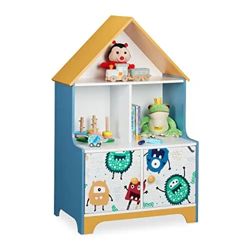 Produktbild: Relaxdays Kinderregal, 5 Fächer für Spielzeug, Monstermotiv, HBT: 100 x 63,5 x 40 cm, Kinderzimmerregal mit Türen, bunt