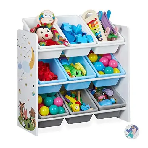 Produktbild: Relaxdays Kinderregal, 9 Aufbewahrungsboxen, Lagerfeuer Motiv, MDF, Kunststoff, Spielzeugregal HBT: 67x65x31,5 cm, bunt