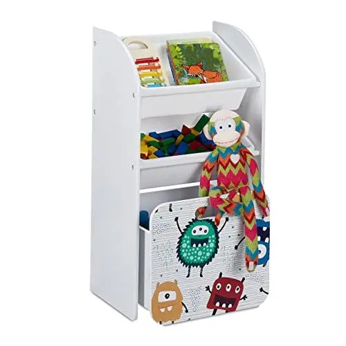 Produktbild: Relaxdays Kinderregal mit 3 Boxen, Monster-Motiv, Kiste mit Rollen, HBT: 80,5x42,5x30 cm, schmales Spielzeugregal, weiß, 10037514_0