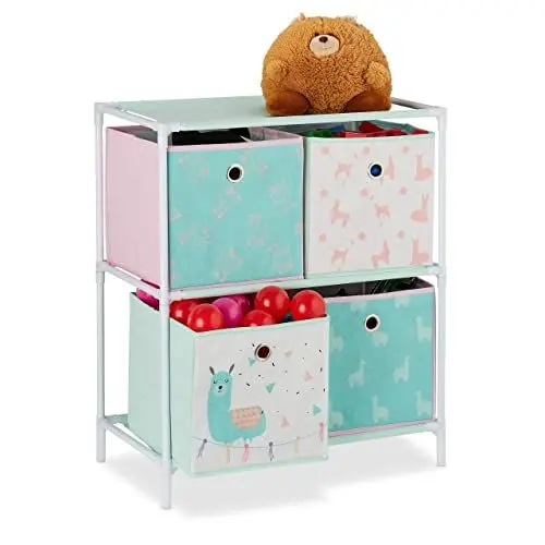 Produktbild: Relaxdays Kinderregal mit 4 Boxen, Jungen & Mädchen, Lama-Design, Regal Kinderzimmer, Spielzeug, HBT 62 x 53 x 30, bunt