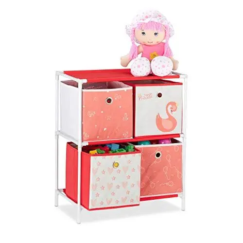 Produktbild: Relaxdays Kinderregal mit 4 Boxen, Spielzeug, Mädchen, Schwan-Design, Regal Kinderzimmer, HBT: 62 x 53 x 30 cm, weiß/rot