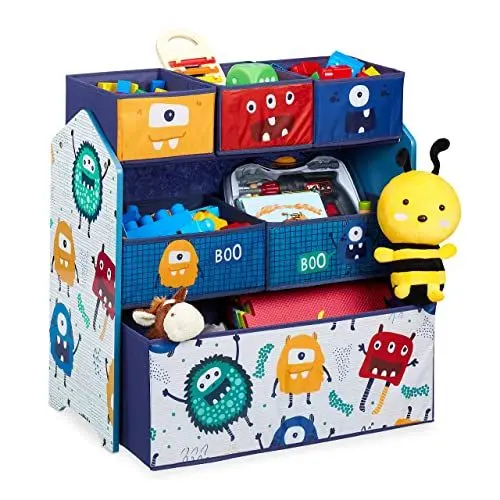 Produktbild: Relaxdays Kinderregal mit 6 Stoffboxen, Monster Design, HxBxT: 66 x 63,5 x 30 cm, Spielzeugregal fürs Kinderzimmer, bunt