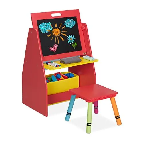 Produktbild: Relaxdays Kinderregal mit Tafel, Spielzeugregal, 2 Fächer & Stoffbox, HBT: 84 x 52 x 45 cm, Spieltafel mit Hocker, rot