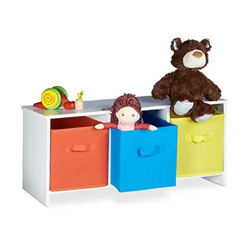 Produktbild: Relaxdays Kindersitzbank mit Stauraum ALBUS, bunte Stoffkörbe, Spielzeugtruhe zum Sitzen, Faltbare Stoffboxen, Spielzeugaufbewahrung, HxBxT: ca. 35,5 x 81 x 29 cm, weiß