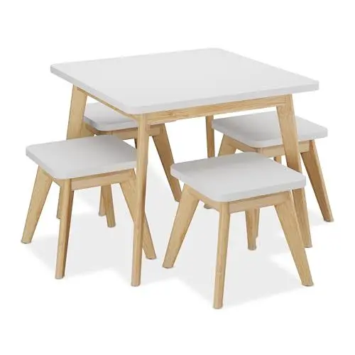 Produktbild: Relaxdays Kindersitzgruppe, 5-tlg., Kindertisch mit 4 Hockern, Mädchen & Jungen, Sitzecke fürs Kinderzimmer, weiß/natur