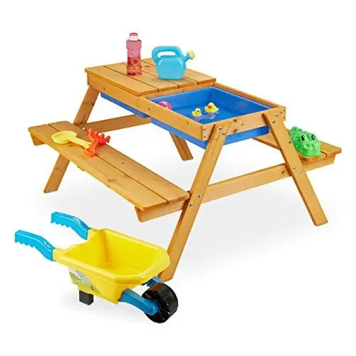 Produktbild: Relaxdays Kindersitzgruppe Holz, 2in1 Spieltisch & Matschküche, Picknicktisch für Garten, HxBxT: 49 x 90 x 85 cm, Natur