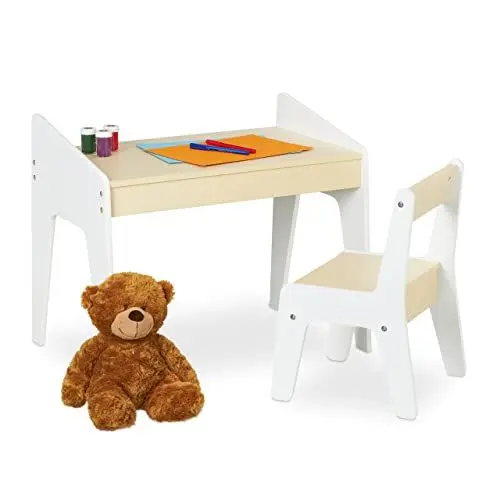 Produktbild: Relaxdays Kindersitzgruppe, Kindertisch Set, Tisch und Stuhl, Kindersitzkombination, für Jungen und Mädchen, beige-weiß