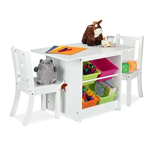 Produktbild: Relaxdays Kindersitzgruppe, Kindertisch mit 2 Stühlen, mit Stauraum, Mädchen & Jungen, Sitzecke fürs Kinderzimmer, Weiß, Grün, Pink