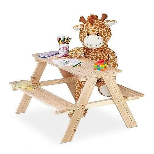 Produktbild: Relaxdays Kindersitzgruppe Outdoor, Picknickbank für Kinder, HBT: 50x89x79 cm, Garten, Kindersitzgarnitur, Holz, Natur