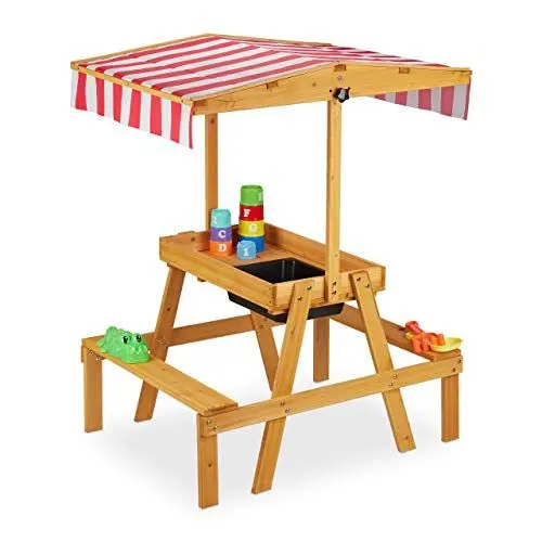 Produktbild: Relaxdays Kindersitzgruppe, Sitzbank mit Spieltisch, Sonnenschutz, Outdoor, Holz Matschküche HBT 110 x 65 x 83 cm, Natur