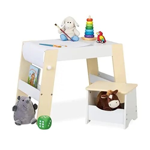 Produktbild: Relaxdays Kindersitzgruppe, Tisch & Hocker, Spiel & Aufbewahrung, Rolle für Zeichenpapier, Kindertisch Set, weiß/beige