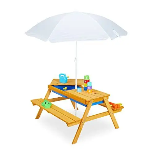 Produktbild: Relaxdays Kindersitzgruppe für draußen, Garten Picknickbank mit Schirm, Holz, Sand- & Wasserspieltisch für Kinder, natur, 49 x 86 x 92,5 cm