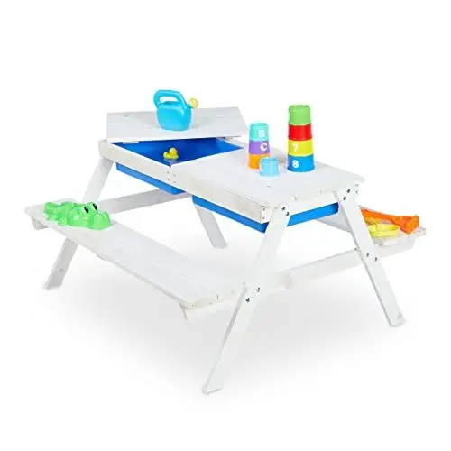 Produktbild: Relaxdays Kindersitzgruppe für draußen, Picknickbank aus Holz, Plastikwannen zum Matschen, HxBxT: 50 x 89 x 85 cm, weiß