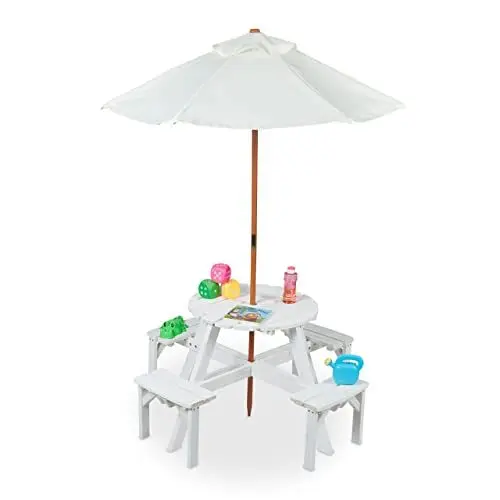 Produktbild: Relaxdays Kindersitzgruppe für draußen, runde Tischplatte, für 4 Kinder, Garten Picknicktisch mit Schirm, Holz, weiß