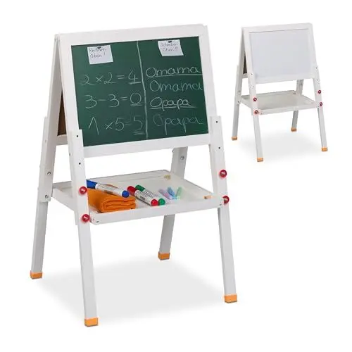 Produktbild: Relaxdays Kinderstandtafel, beidseitig magnetisch, höhenverstellbar, HBT 77x39x44,5 cm, Whiteboard & Kreidetafel, weiß