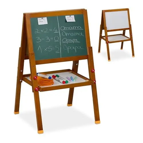 Produktbild: Relaxdays Kinderstandtafel, magnetische Spieltafel, höhenverstellbar, 65-77x39x44,5 cm, Whiteboard & Kreidetafel, braun