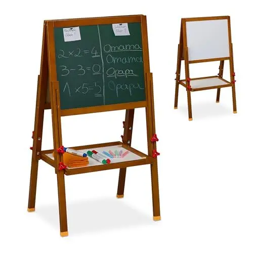 Produktbild: Relaxdays Kinderstandtafel, magnetische Spieltafel, höhenverstellbar, 81-104x45x42 cm, Whiteboard & Kreidetafel, braun
