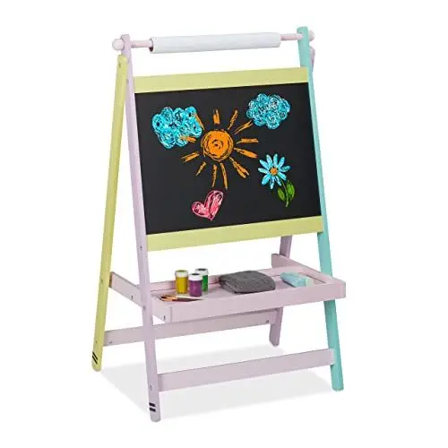 Produktbild: Relaxdays Kindertafel, 2 in 1, mit Papierrolle, Malen, Zeichnen, Kreidetafel Kinder, freistehend, HBT: 90x56x42 cm, bunt