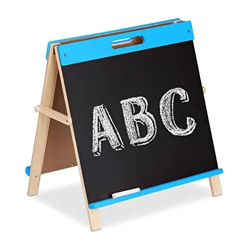 Produktbild: Relaxdays Kindertafel für Kreide, doppelseitig, zusammenklappbar, Tischtafel für Kinder, mobile Holz Kreidetafel, blau