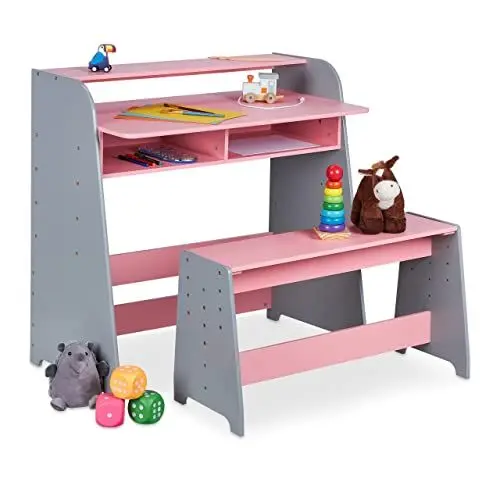 Produktbild: Relaxdays Kindertisch mit Sitzbank, 2 Fächer, höhenverstellbarer Kinderschreibtisch, HxBxT: 88 x 90 x 48 cm, rosa/grau