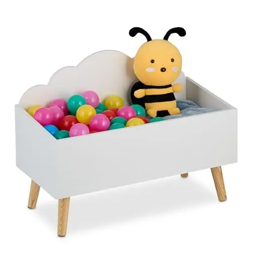 Produktbild: Relaxdays Kindertruhe, Wolken-Design, HxBxT: 45 x 60 x 30 cm, MDF, für Bücher & Spielzeug, offene Spielzeugtruhe, weiß